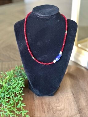 Summer Holiday Red Blue Fish Beaded Acrylic 16-18"Necklace Coastal Cute Layering